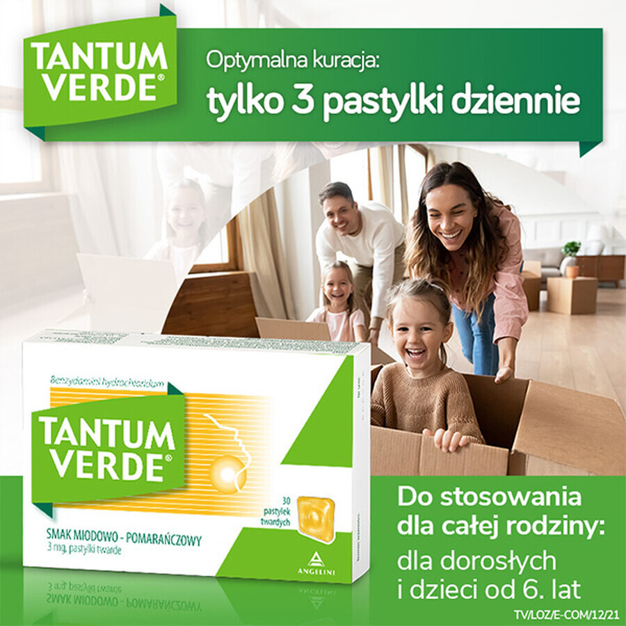 Tantum Verde 3 mg, aromă de miere și portocale, 30 de pastile tari