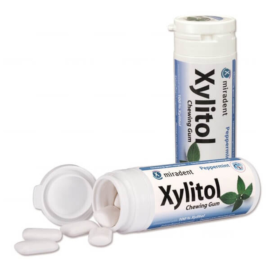 Miradent Xylitol, gumă de mestecat cu xilitol, aromă de mentă piperată, 30 bucăți