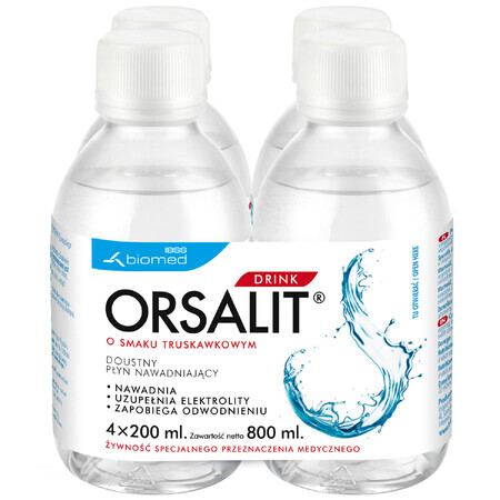 Orsalit Drink, lichid oral rehidratant pentru copii peste 3 ani, aromă de căpșuni, 4 x 200 ml