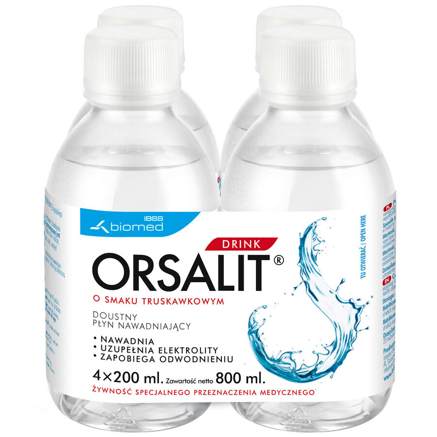 Orsalit Drink, lichid oral rehidratant pentru copii peste 3 ani, aromă de căpșuni, 4 x 200 ml