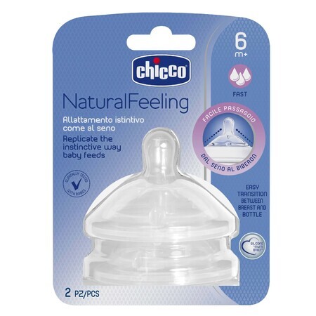 Chicco, NaturalFeeling tétine de biberon 6m +, débit rapide, après 6 mois, 2 pièces