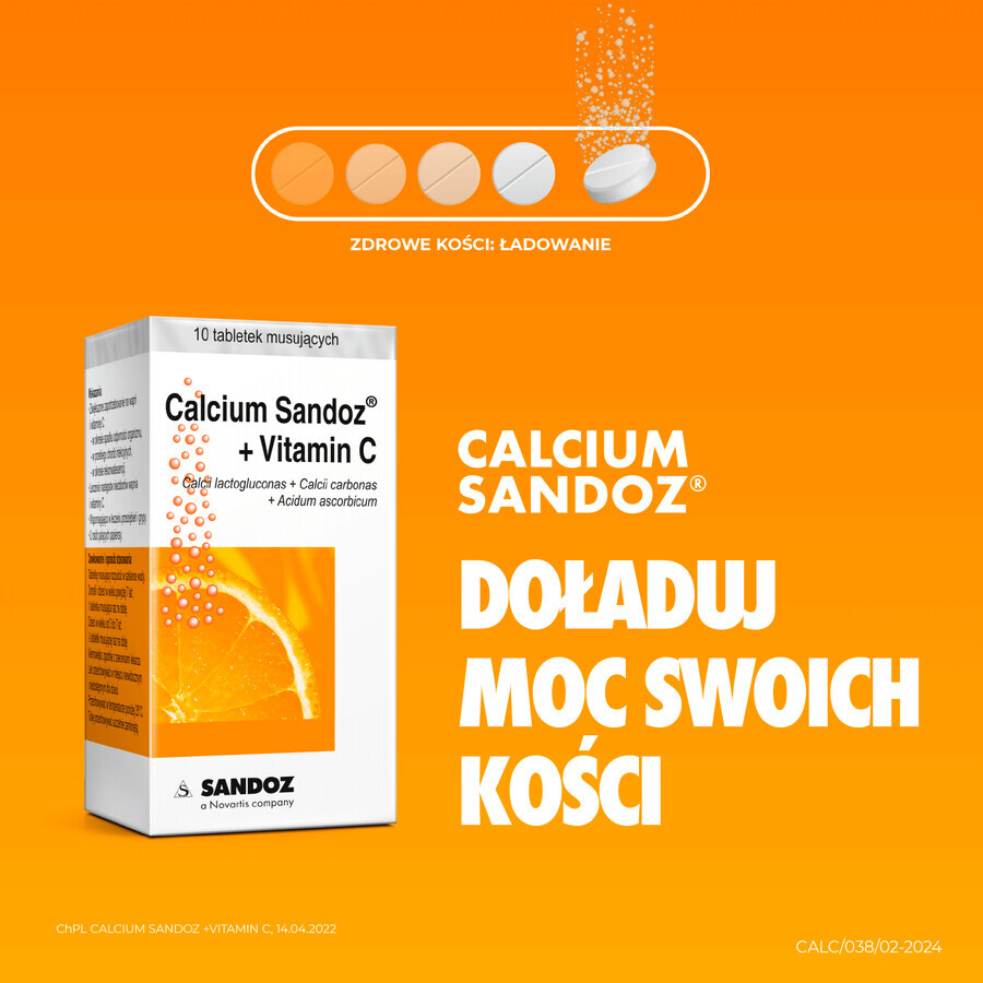 Calcium Sandoz + Vitamina C 260 mg + 1000 mg, goût orange, 10 comprimés effervescents