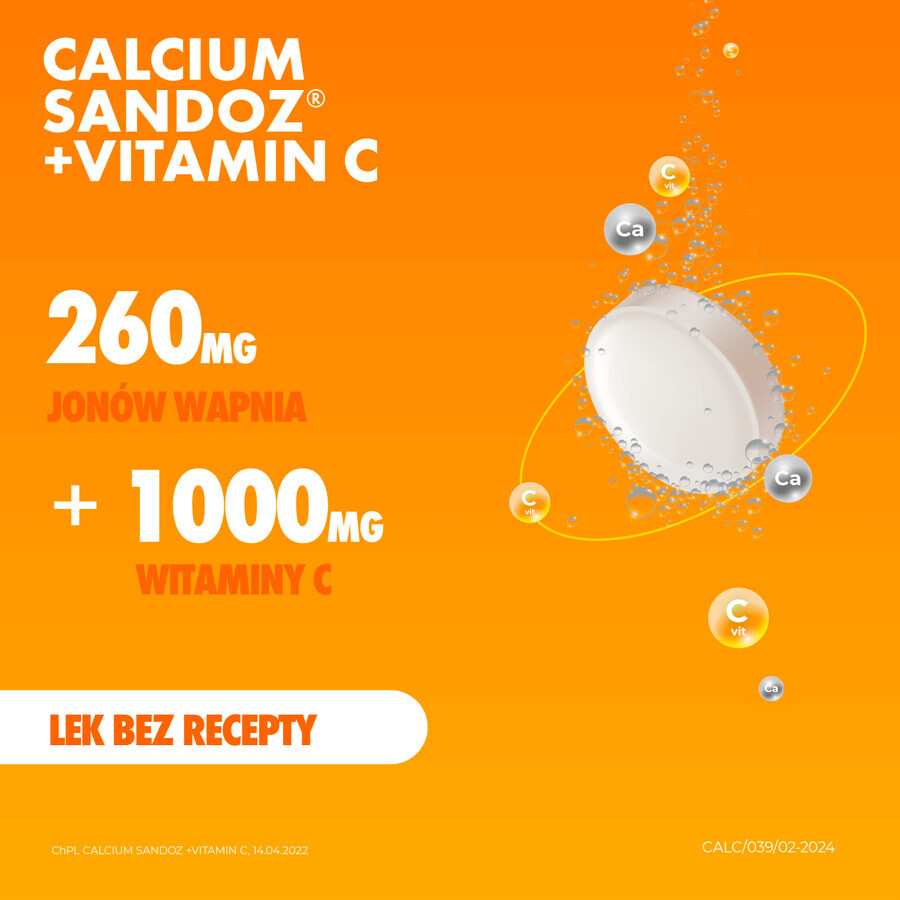 Calcium Sandoz + Vitamina C 260 mg + 1000 mg, goût orange, 10 comprimés effervescents