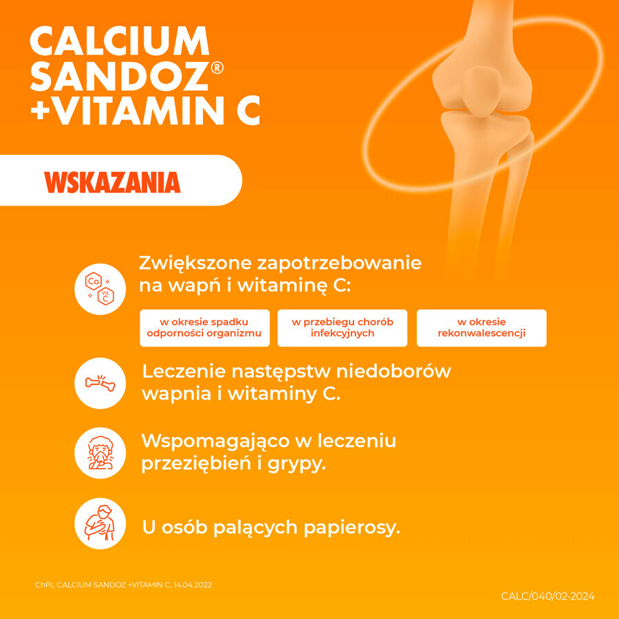 Calcium Sandoz + Vitamina C 260 mg + 1000 mg, goût orange, 10 comprimés effervescents