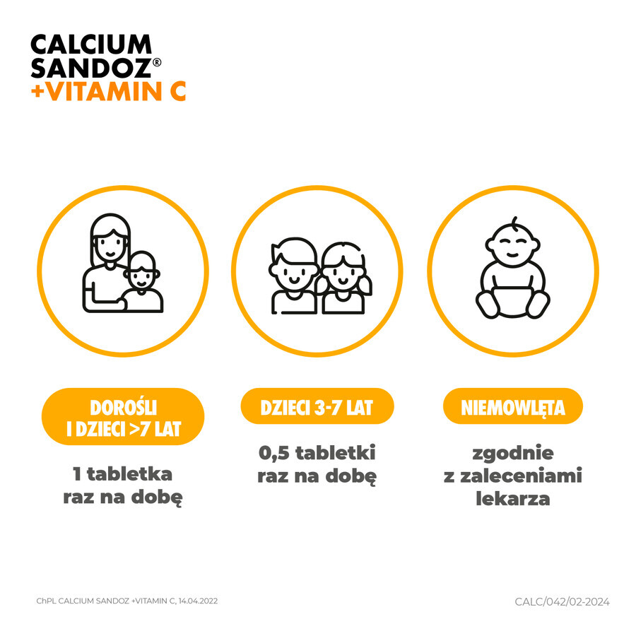 Calcium Sandoz + Vitamina C 260 mg + 1000 mg, goût orange, 10 comprimés effervescents