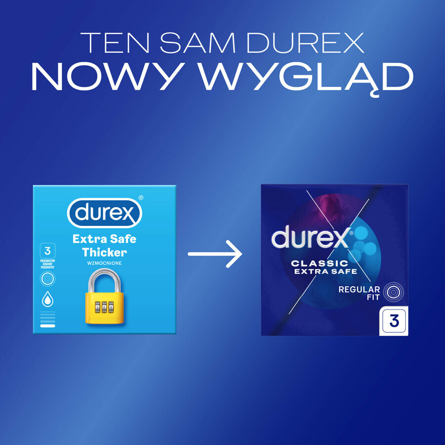 Durex Extra Safe, preservativi con più lubrificante, rinforzati, 3 pezzi