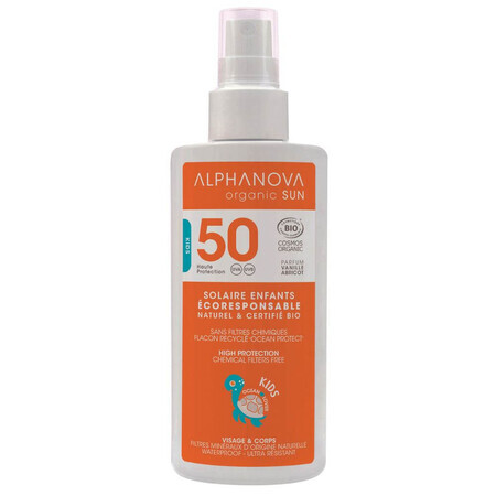 Alphanova Sun Kids Bio, spray solaire pour enfants, hypoallergénique, SPF 50, 125 g