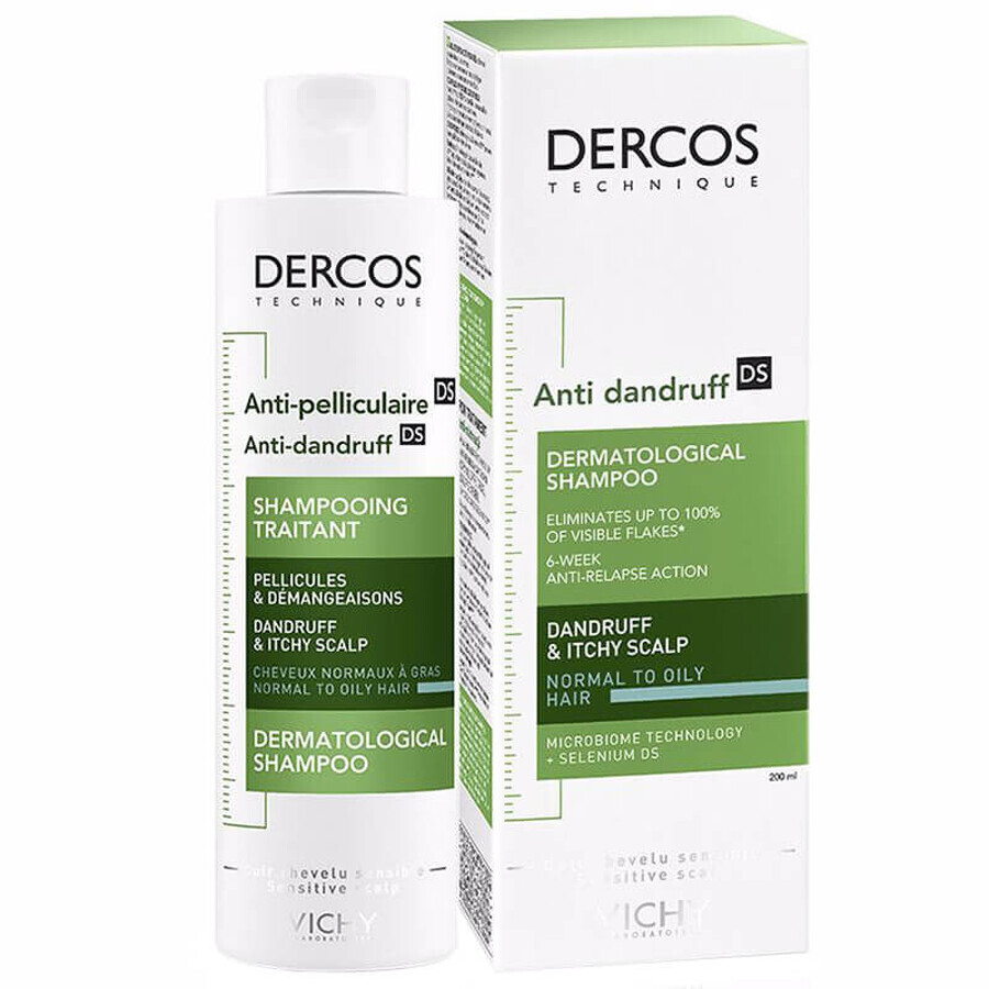 Vichy Dercos Anti Dandruff DS, champú anticaspa, cabello normal y graso, 200 ml