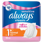 Always Classic Sensitive, prosoape sanitare cu aripi, Normal, 10 buc