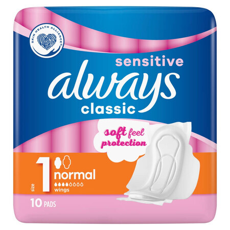 Always Classic Sensitive, prosoape sanitare cu aripi, Normal, 10 buc