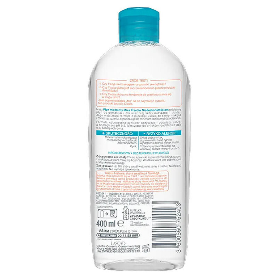 Mixa Contra Imperfecciones, fluido micelar, pieles mixtas y grasas, 400 ml