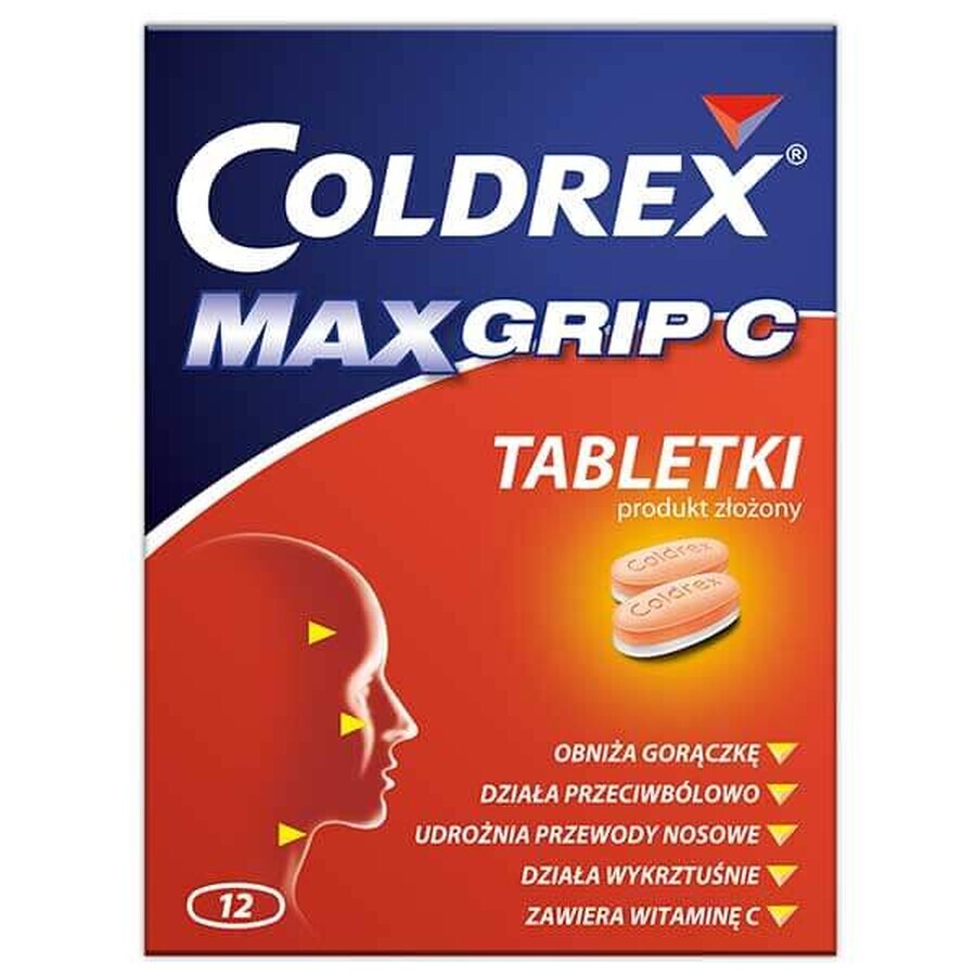 Coldrex MaxGrip C 500 mg + 25 mg + 5 mg + 20 mg + 30 mg, 12 comprimate