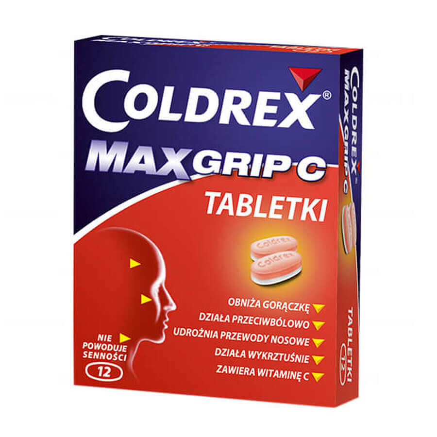 Coldrex MaxGrip C 500 mg + 25 mg + 5 mg + 20 mg + 30 mg, 12 comprimate