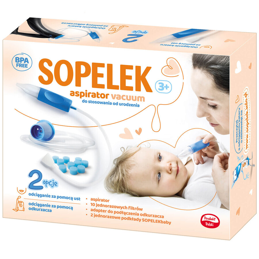 Sopelek 3+, aspirator nazal, de la naștere, vid + adaptor + filtre aspirator, de unică folosință, 10 bucăți + tampoane sanitare, 2 bucăți