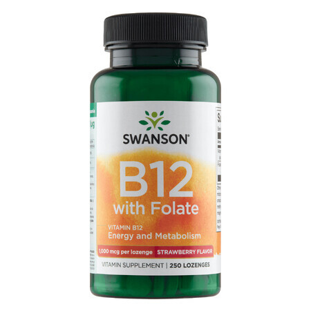 Swanson B-12 cu folat, vitamina B12 și acid folic, aromă de căpșuni, 250 pastile