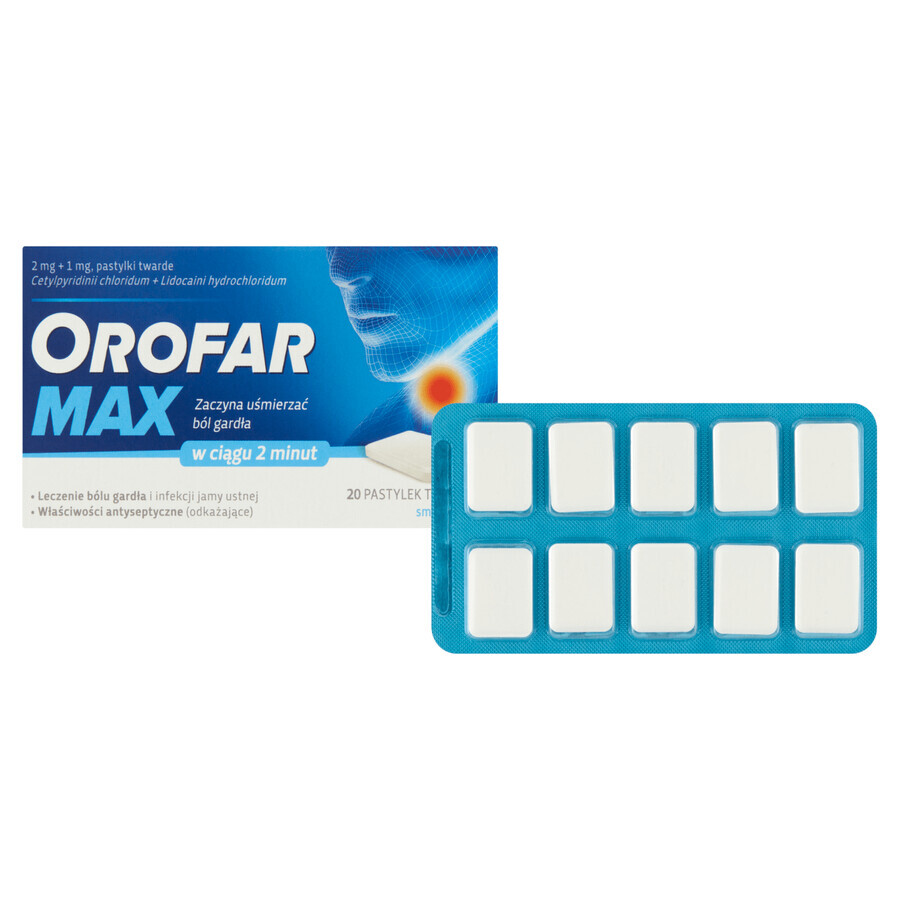 Orofar Max 2 mg + 1 mg, aromă de mentă, 20 pastile tari