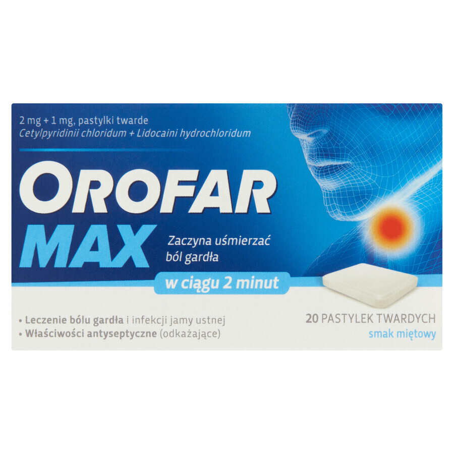 Orofar Max 2 mg + 1 mg, aromă de mentă, 20 pastile tari