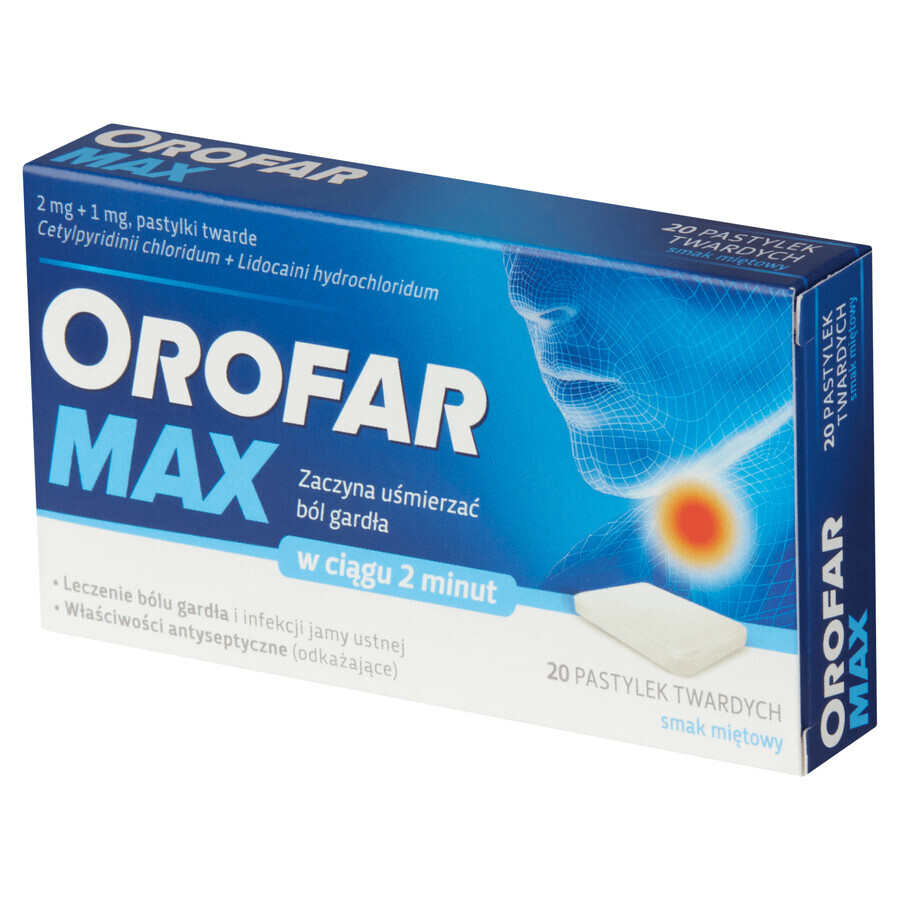 Orofar Max 2 mg + 1 mg, aromă de mentă, 20 pastile tari