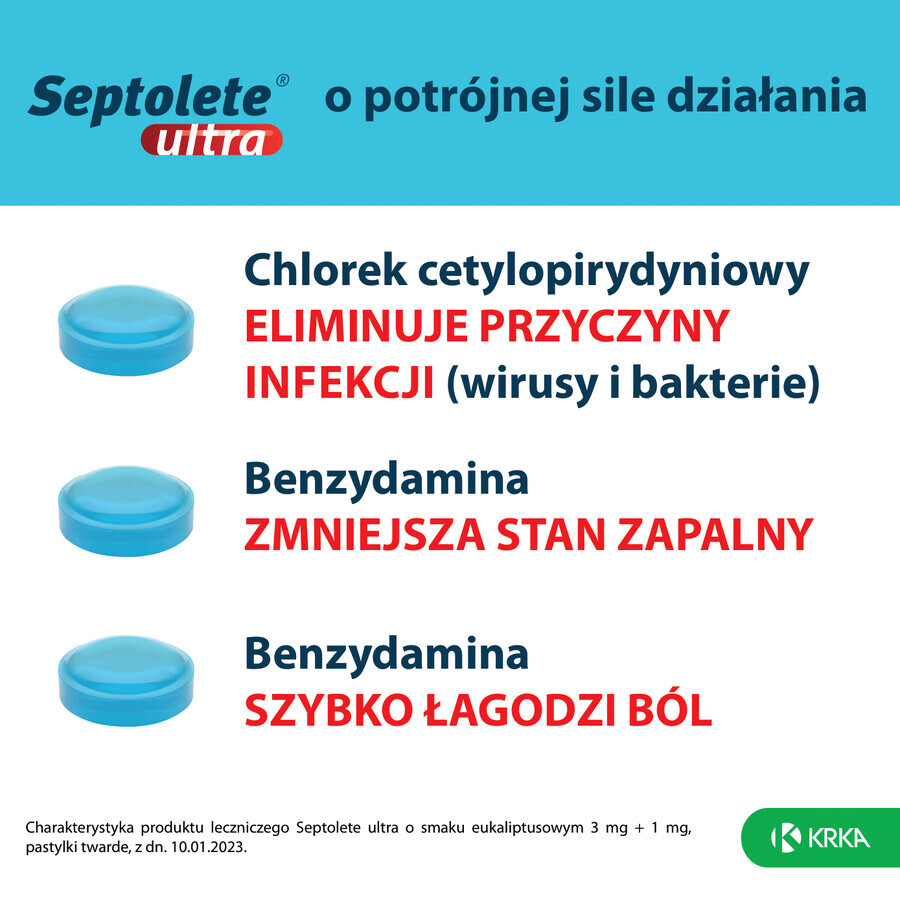 Septolete Ultra cu aromă de eucalipt 3 mg + 1 mg, 16 pastile tari