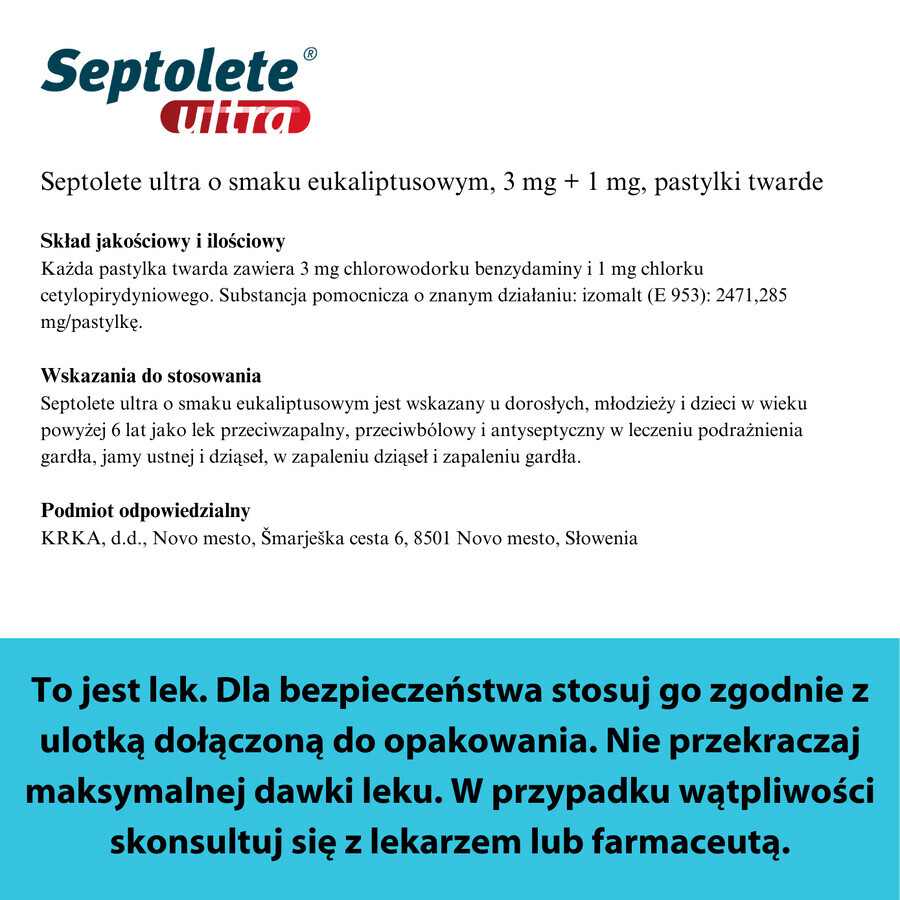 Septolete Ultra cu aromă de eucalipt 3 mg + 1 mg, 16 pastile tari