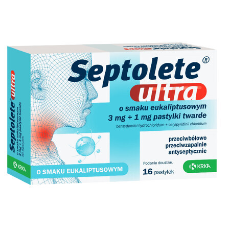 Septolete Ultra cu aromă de eucalipt 3 mg + 1 mg, 16 pastile tari