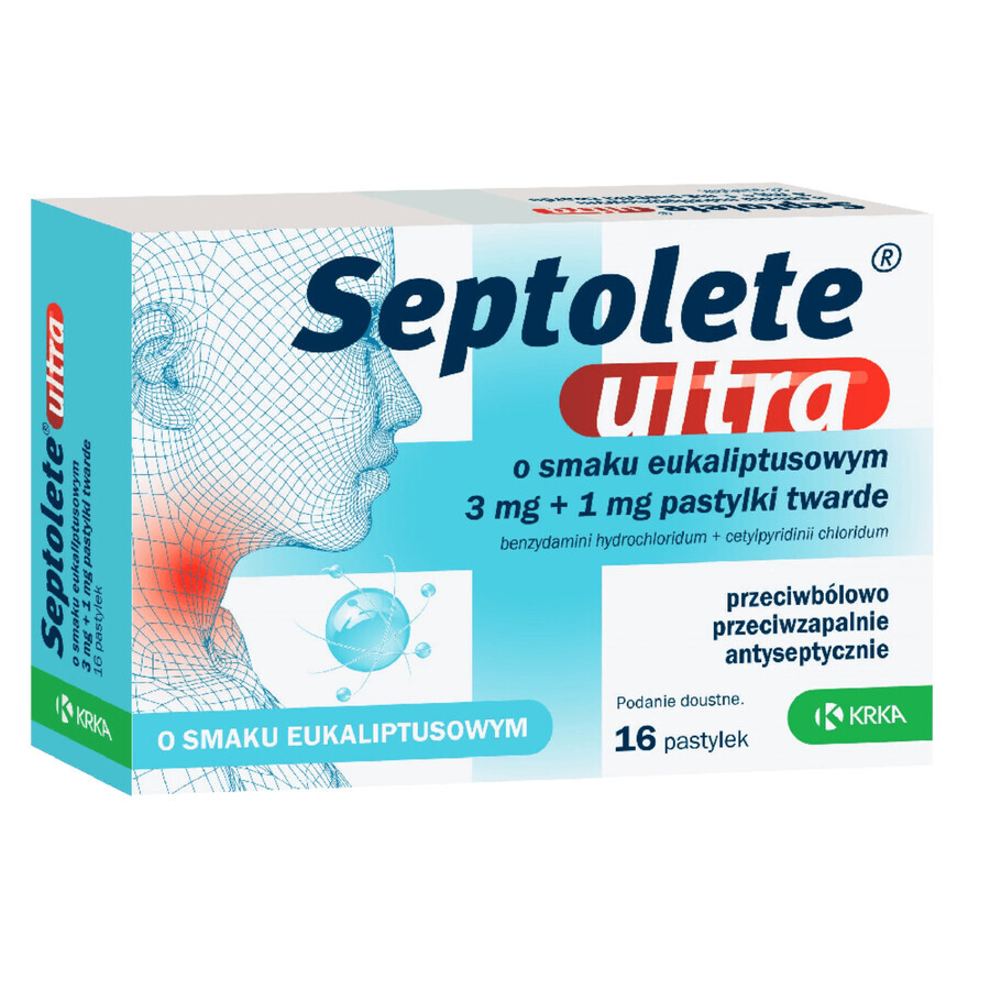 Septolete Ultra cu aromă de eucalipt 3 mg + 1 mg, 16 pastile tari