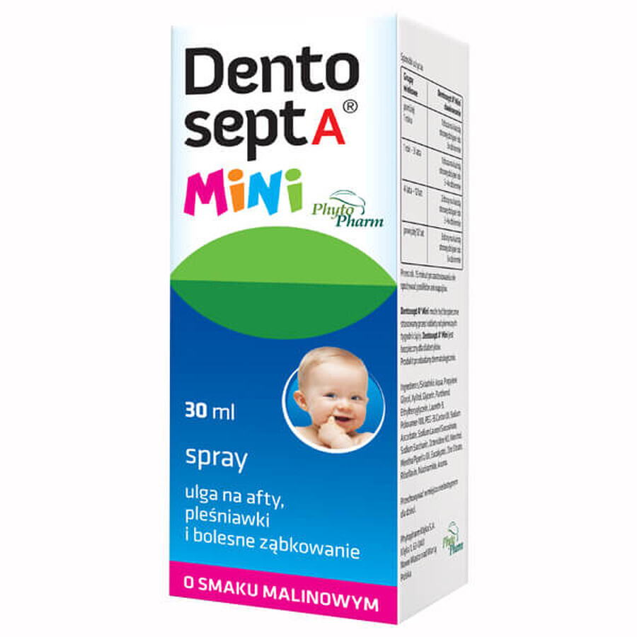 Dentosept A Mini spray, ameliorare pentru ulcere aftoase, aftoasă și dentiție dureroasă, aromă de zmeură, 30 ml