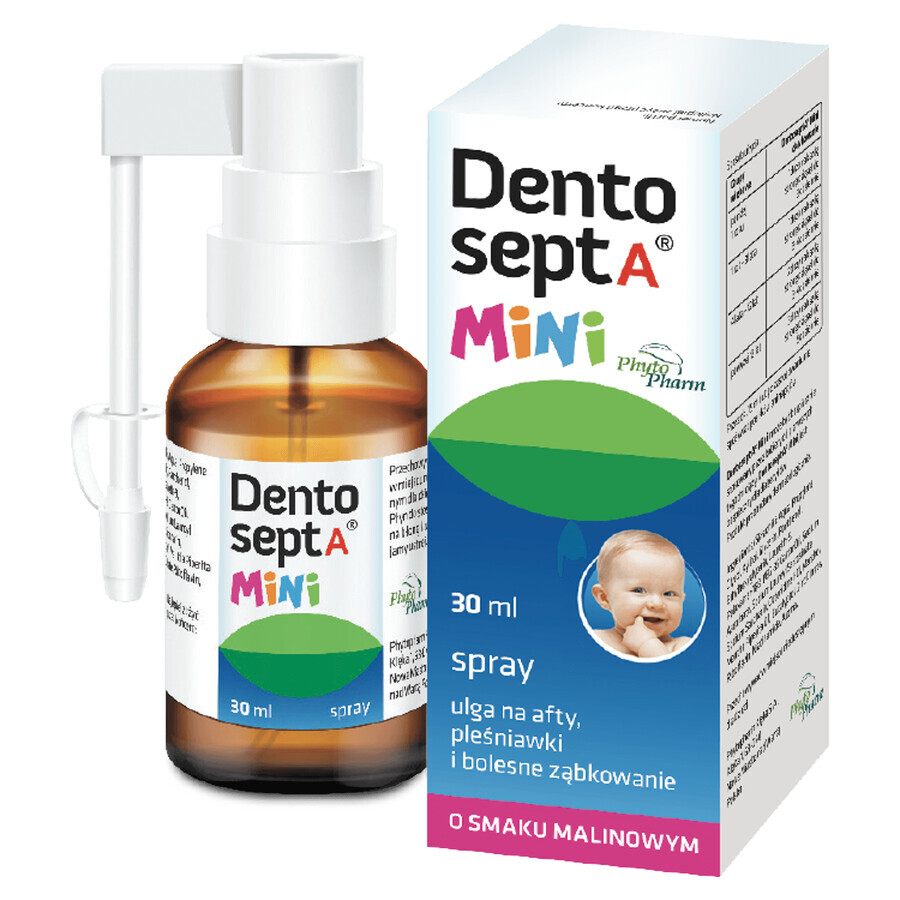 Dentosept A Mini spray, ameliorare pentru ulcere aftoase, aftoasă și dentiție dureroasă, aromă de zmeură, 30 ml