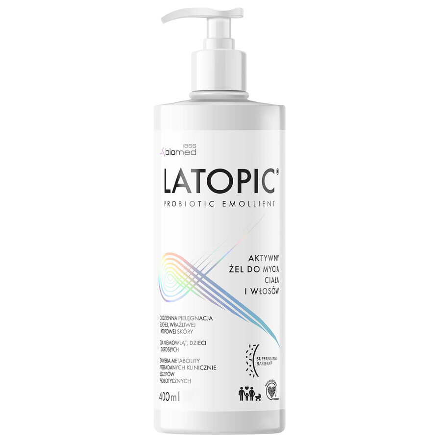 Latopic Probiotic Emollient, gel nettoyant actif pour le corps et les cheveux, dès le premier jour, 400 ml