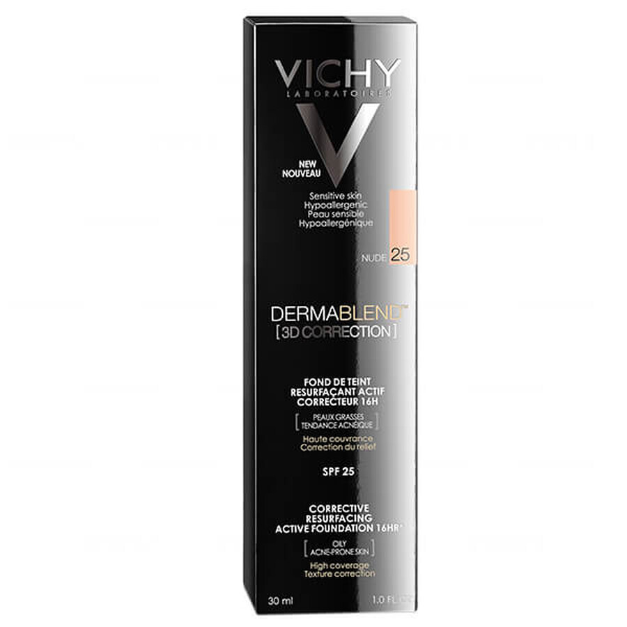 Vichy Dermablend Correction 3D, base de maquillaje niveladora de la superficie cutánea, Nº 25, Nude, 30 ml