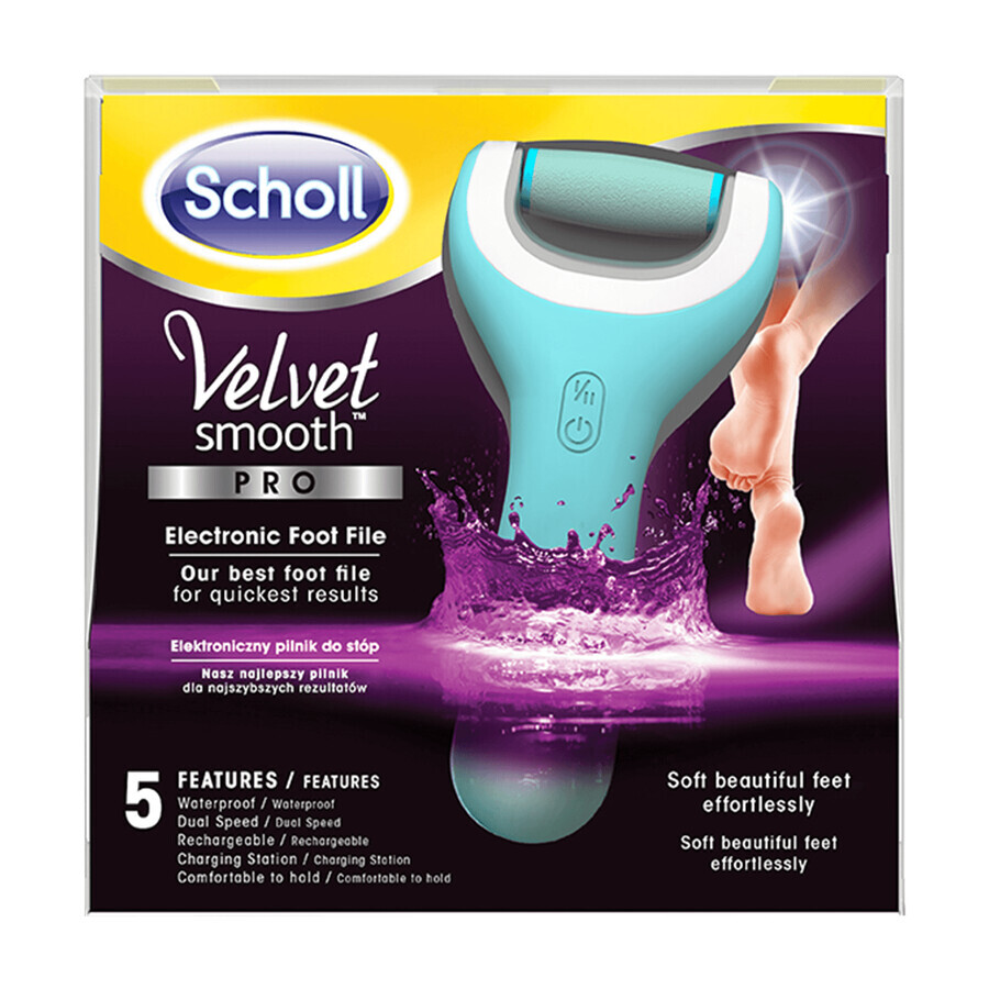 Scholl Velvet Smooth Pro, fișier electronic pentru picioare cu încărcător de baterii, rezistent la apă, albastru, 1 buc 