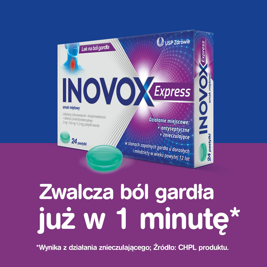 Inovox Express 2 mg + 0,6 mg + 1,2 mg, aromă de mentă, 24 pastile