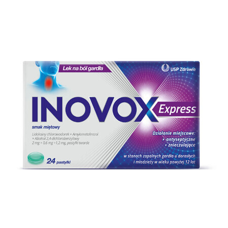 Inovox Express 2 mg + 0,6 mg + 1,2 mg, aromă de mentă, 24 pastile