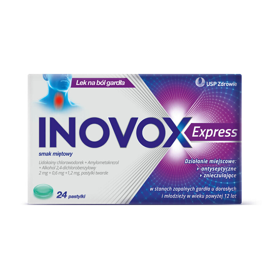 Inovox Express 2 mg + 0,6 mg + 1,2 mg, aromă de mentă, 24 pastile