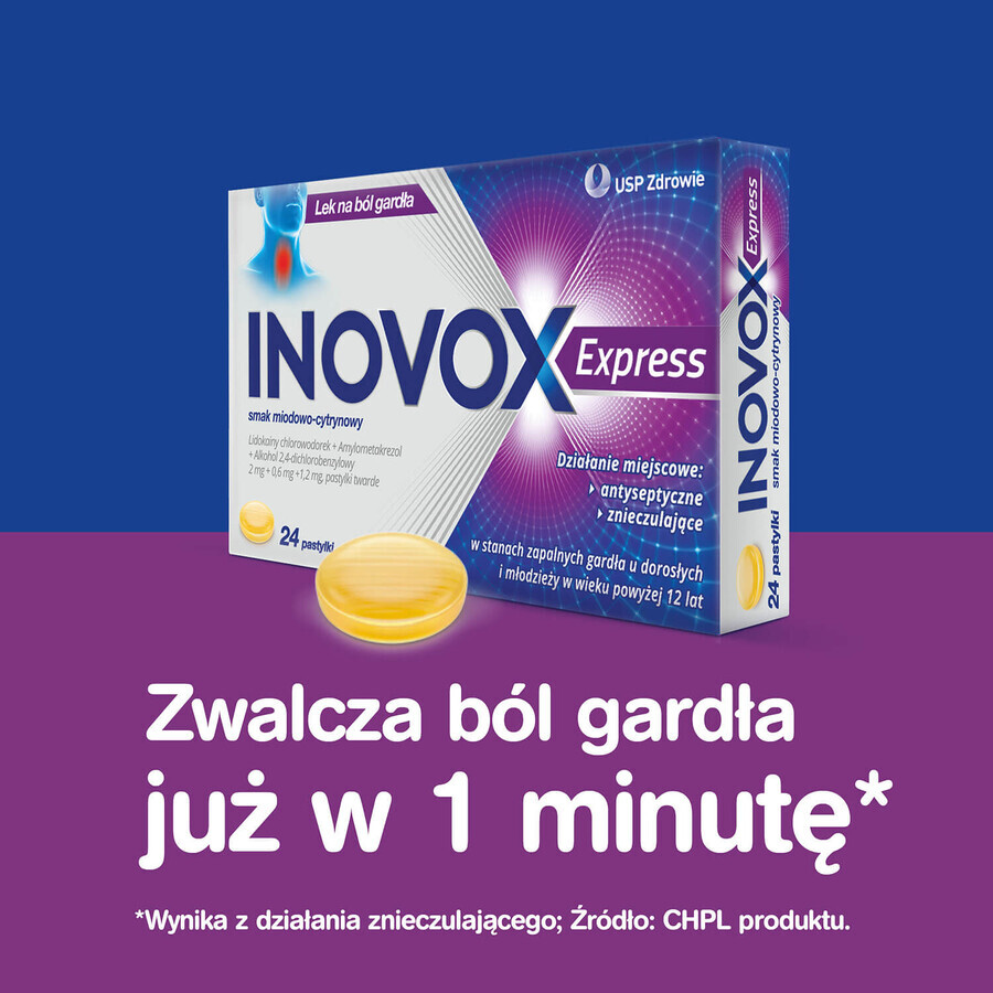 Inovox Express 2 mg + 0,6 mg + 1,2 mg, Honig-Zitronen-Geschmack, 24 Lutschtabletten