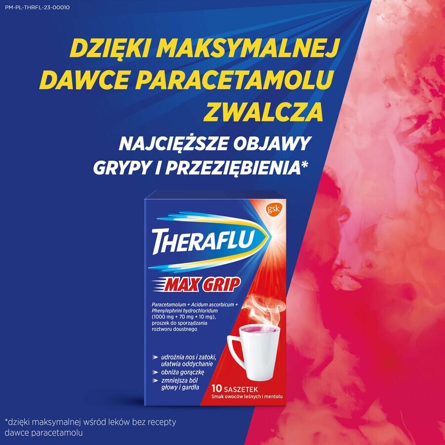 Theraflu Max Grip 1000 mg + 70 mg + 10 mg, polvere per soluzione orale, aroma di frutti di bosco e mentolo, 10 bustine 