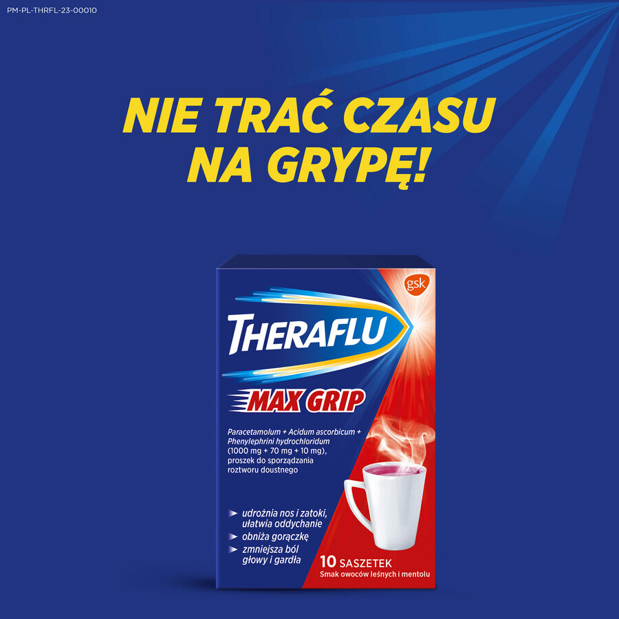 Theraflu Max Grip 1000 mg + 70 mg + 10 mg, polvere per soluzione orale, aroma di frutti di bosco e mentolo, 10 bustine 