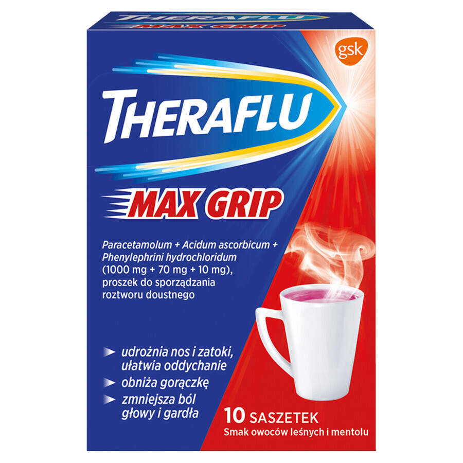 Theraflu Max Grip 1000 mg + 70 mg + 10 mg, polvere per soluzione orale, aroma di frutti di bosco e mentolo, 10 bustine 