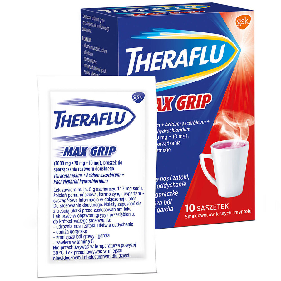 Theraflu Max Grip 1000 mg + 70 mg + 10 mg, polvere per soluzione orale, aroma di frutti di bosco e mentolo, 10 bustine 