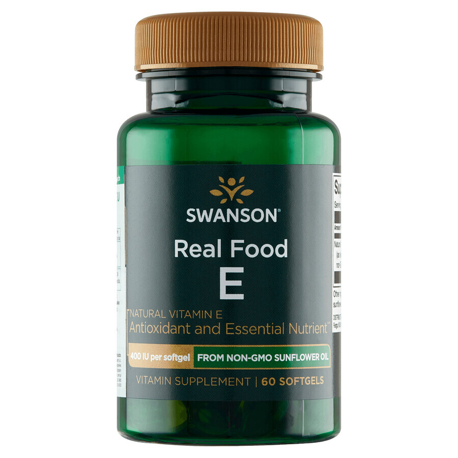 Swanson Real Food E, vitamine E naturelle 400 UI, 60 gélules