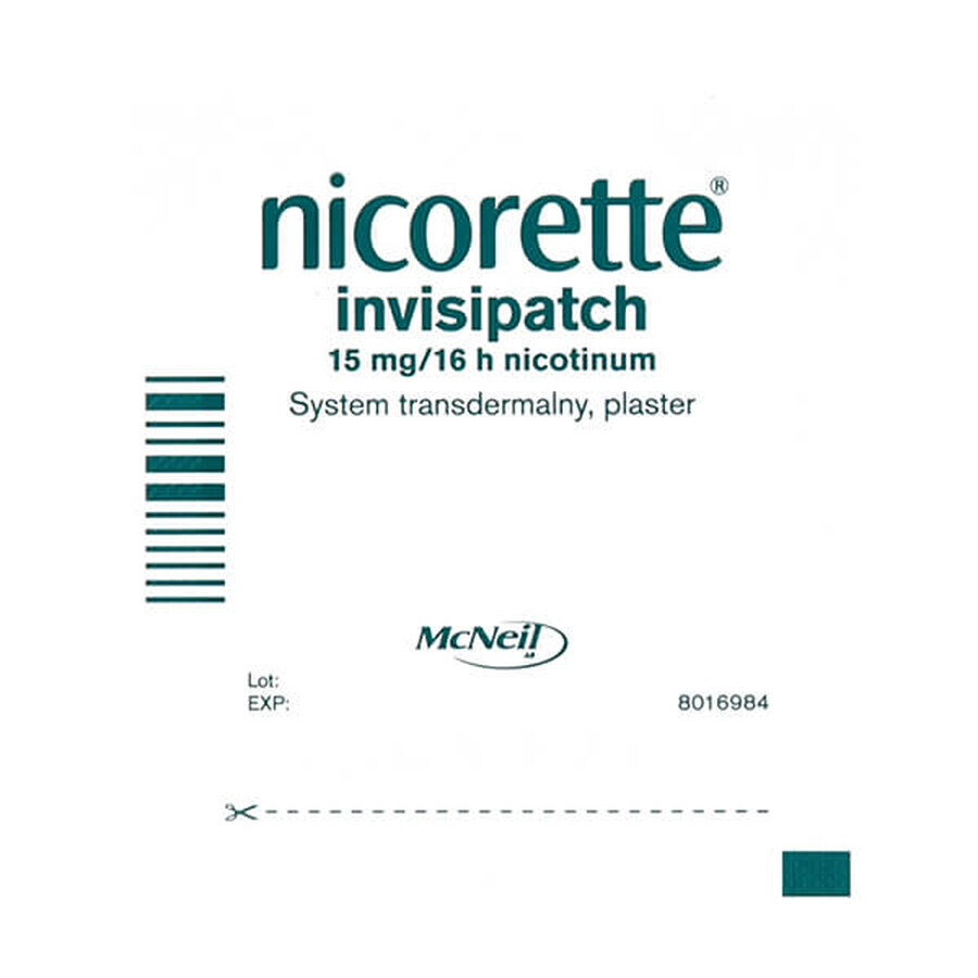 Nicorette Invisipatch 15 mg/16 h, sistem transdermic, plasture, 7 bucăți