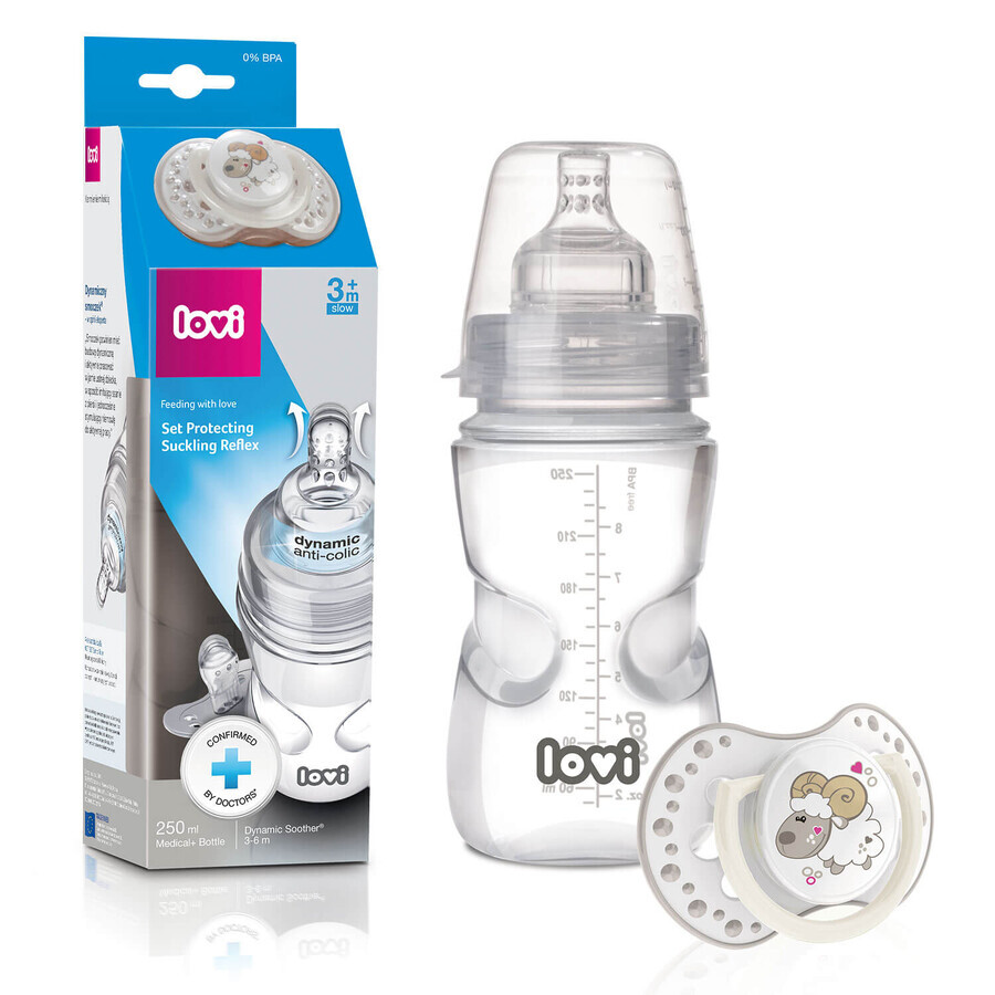 Lovi Medical+ set, anti-colic baby bottle with dynamic teat, porridge, from 6 months, 250 ml + pacifier, 3-6 months