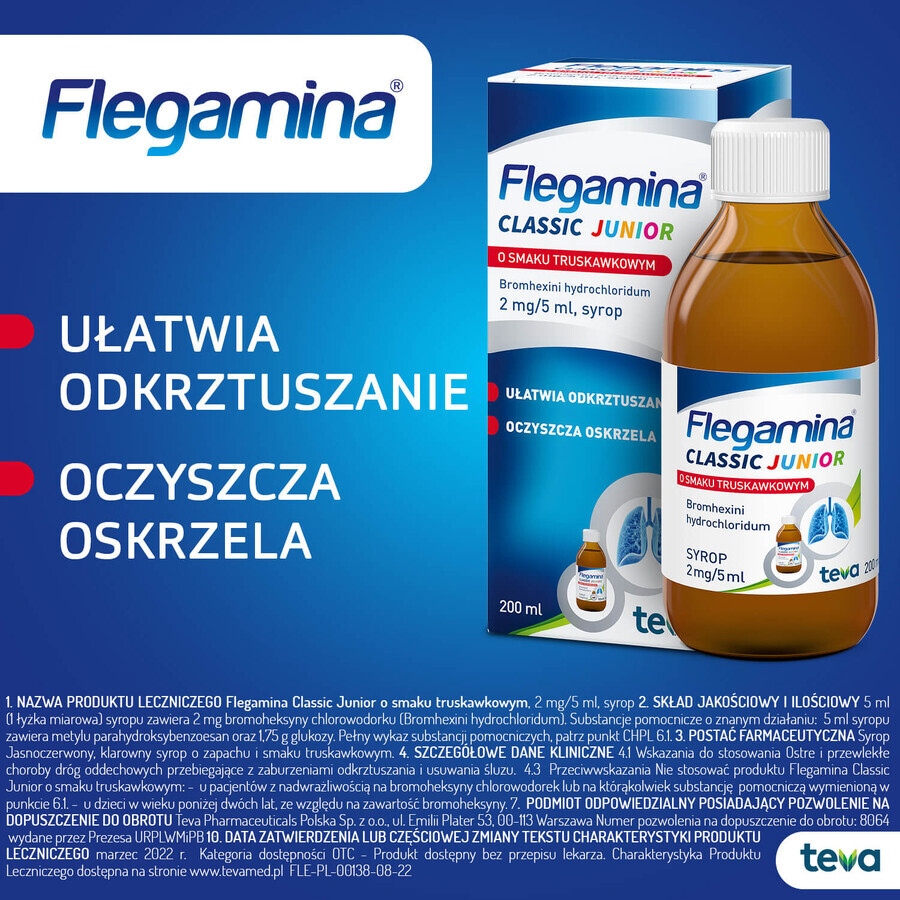 Flegamina Junior 2 mg/ 5 ml, aromă de căpșuni, sirop, 200 ml