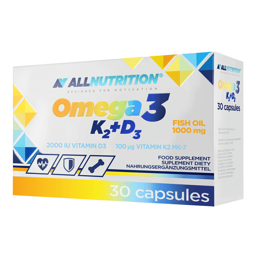 Allnutrition Omega 3 K2 + D3, ulei de pește 1000 mg + vitamina K 100 µg + vitamina D 2000 UI, 30 capsule