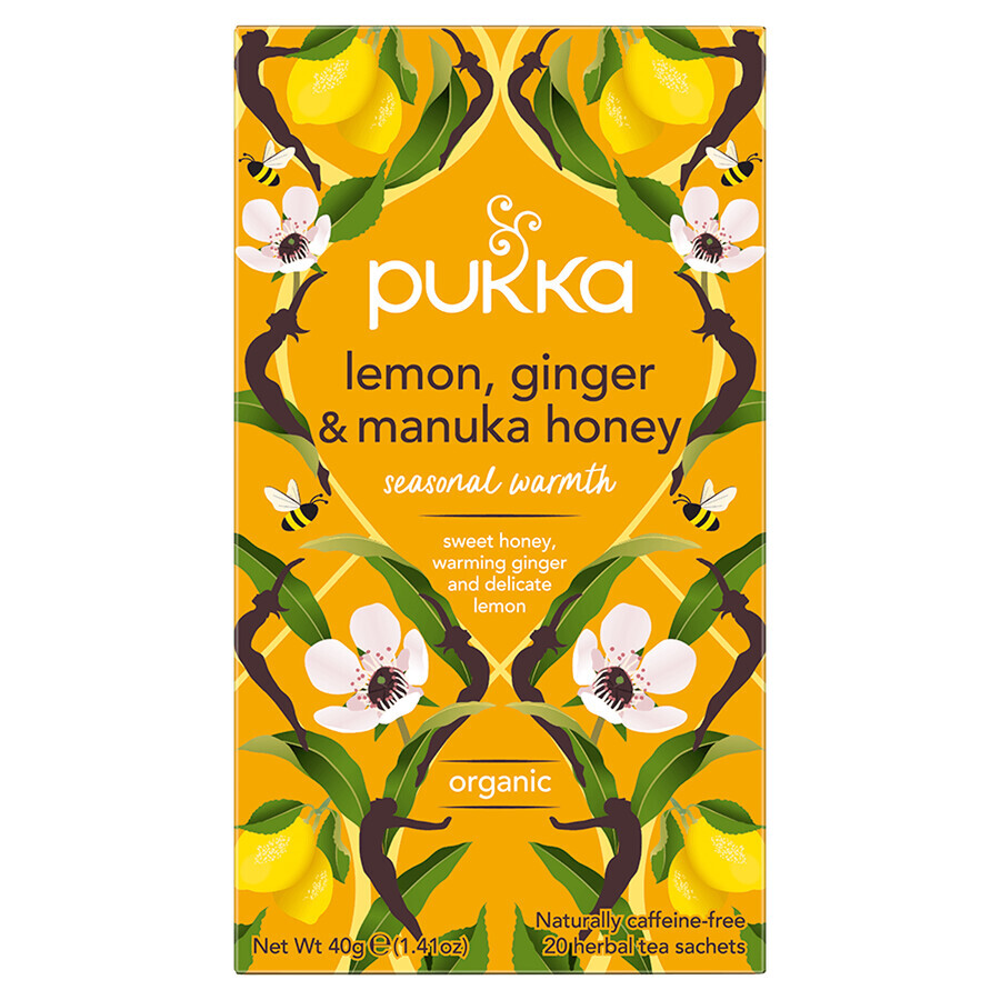 Pukka Lemon Ginger &amp; Manuka Honey Organic, ceai de fructe și plante, ghimbir și lămâie, aromat, 2 g x 20 pliculețe 