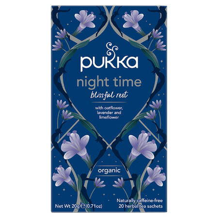 Pukka Night Time Organic, ceai de plante cu fulgi de ovăz, lavandă și lime, 1 g x 20 plicuri