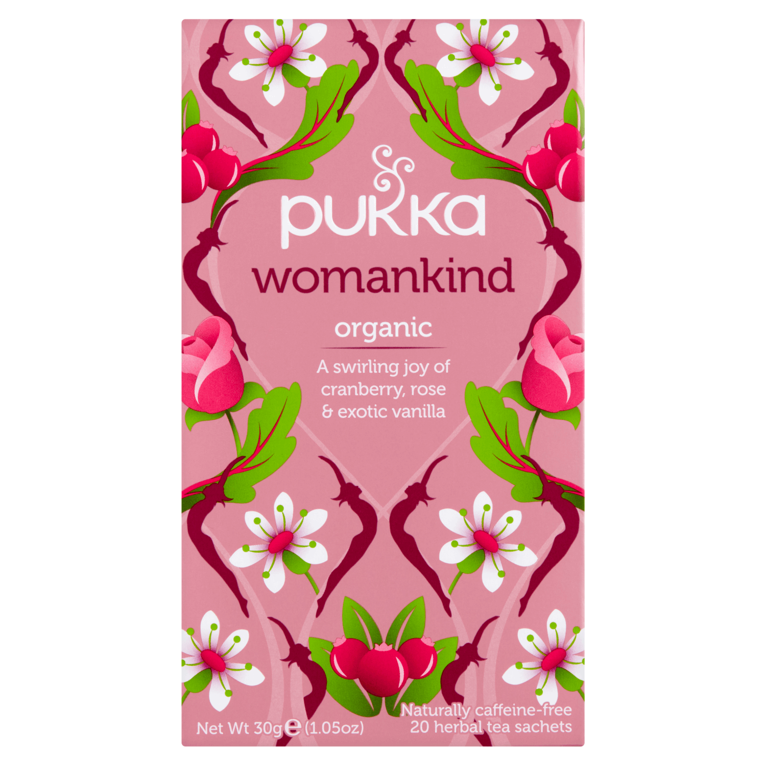 Pukka Womankind Organic, ceai de fructe și plante, merișor și trandafir, aromat, 1,5 g x 20 pliculețe