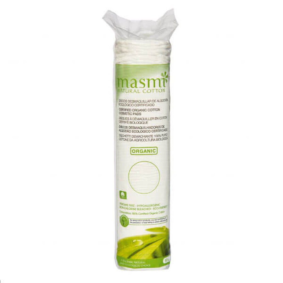 Masmi Natural Cotton, tampoane cosmetice din bumbac organic, rotunde, 80 bucăți