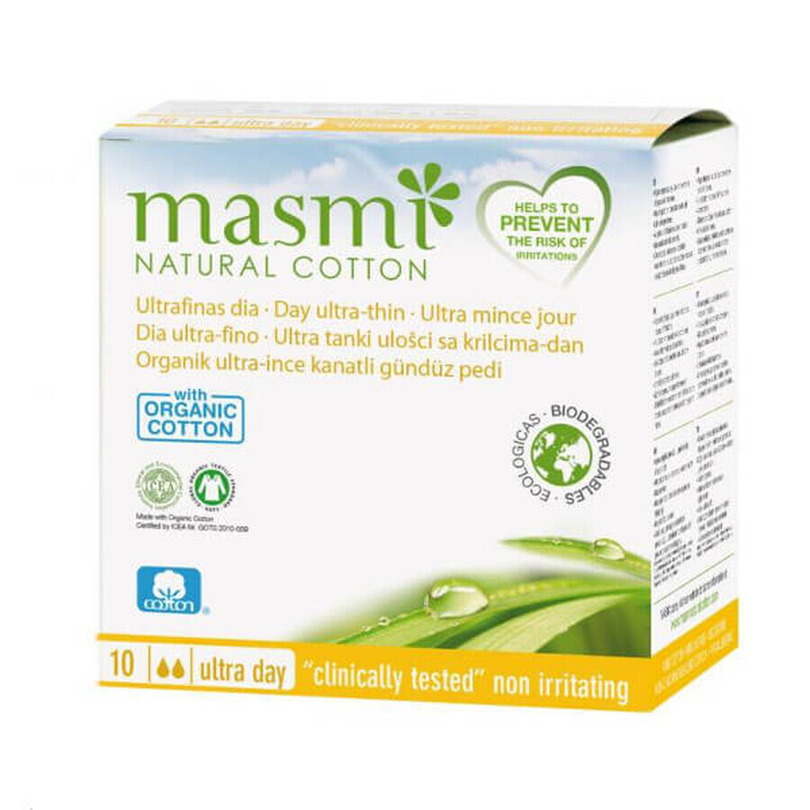 Masmi Natural Cotton, șervețele sanitare din bumbac organic, cu aripi, de zi, ultra-subțiri, 10 bucăți