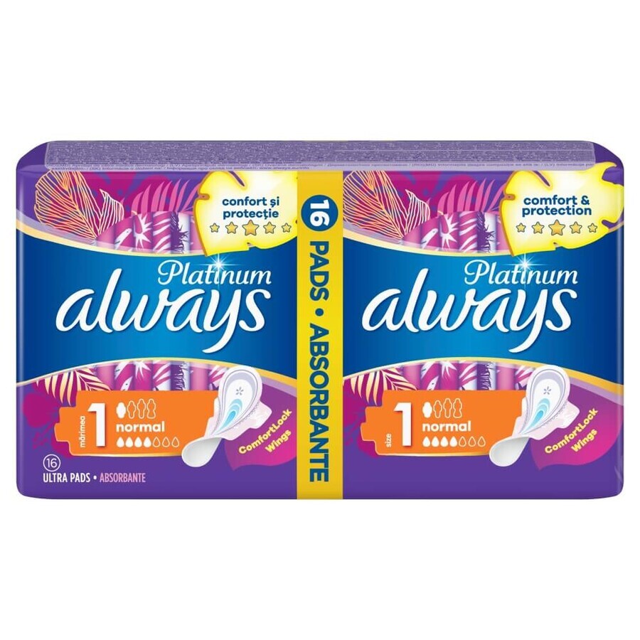 Always Platinum, prosoape igienice cu aripi, Ultra Normal Plus, 16 buc